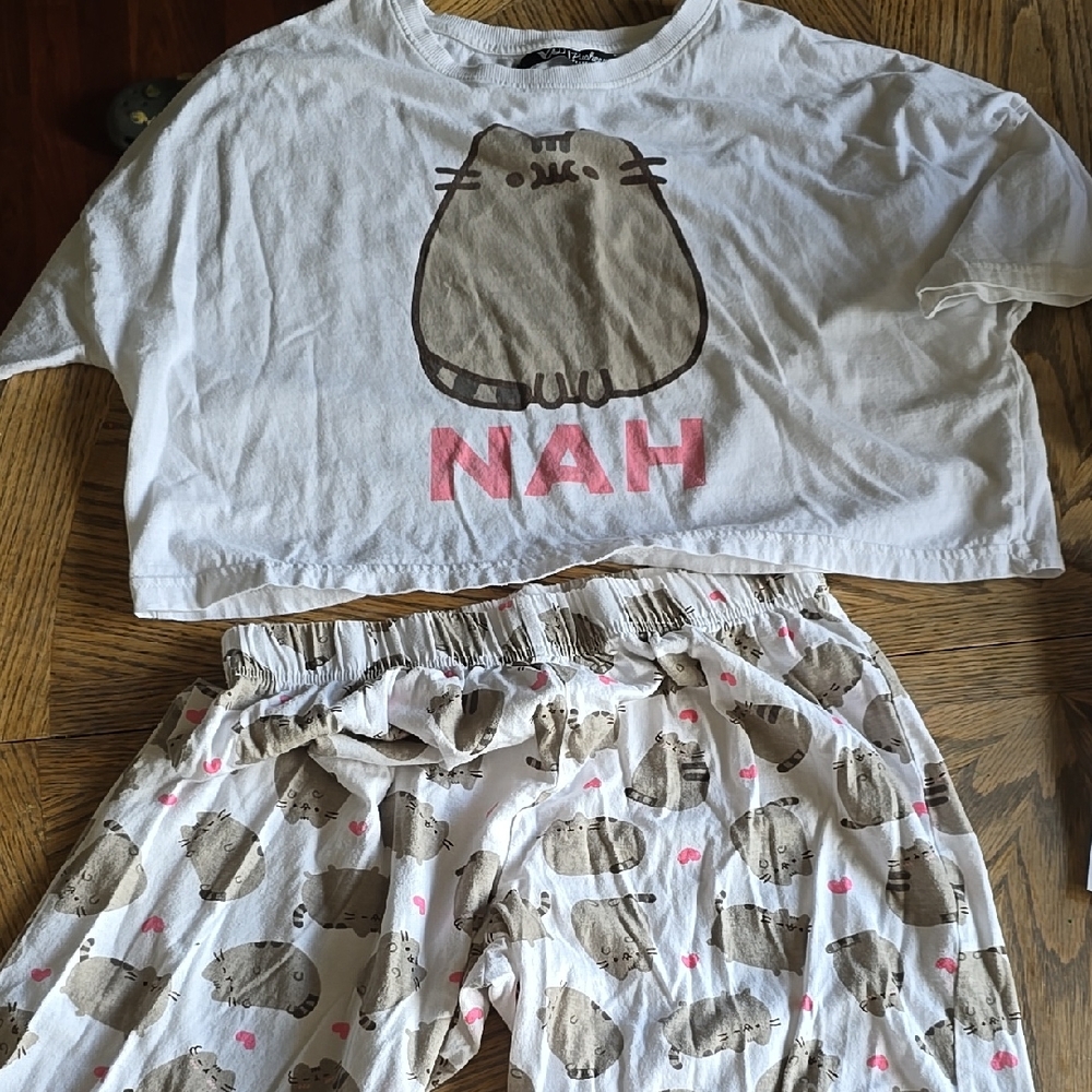 Pusheen Womens Pajama Set - White and Brown, Size Small, Guc